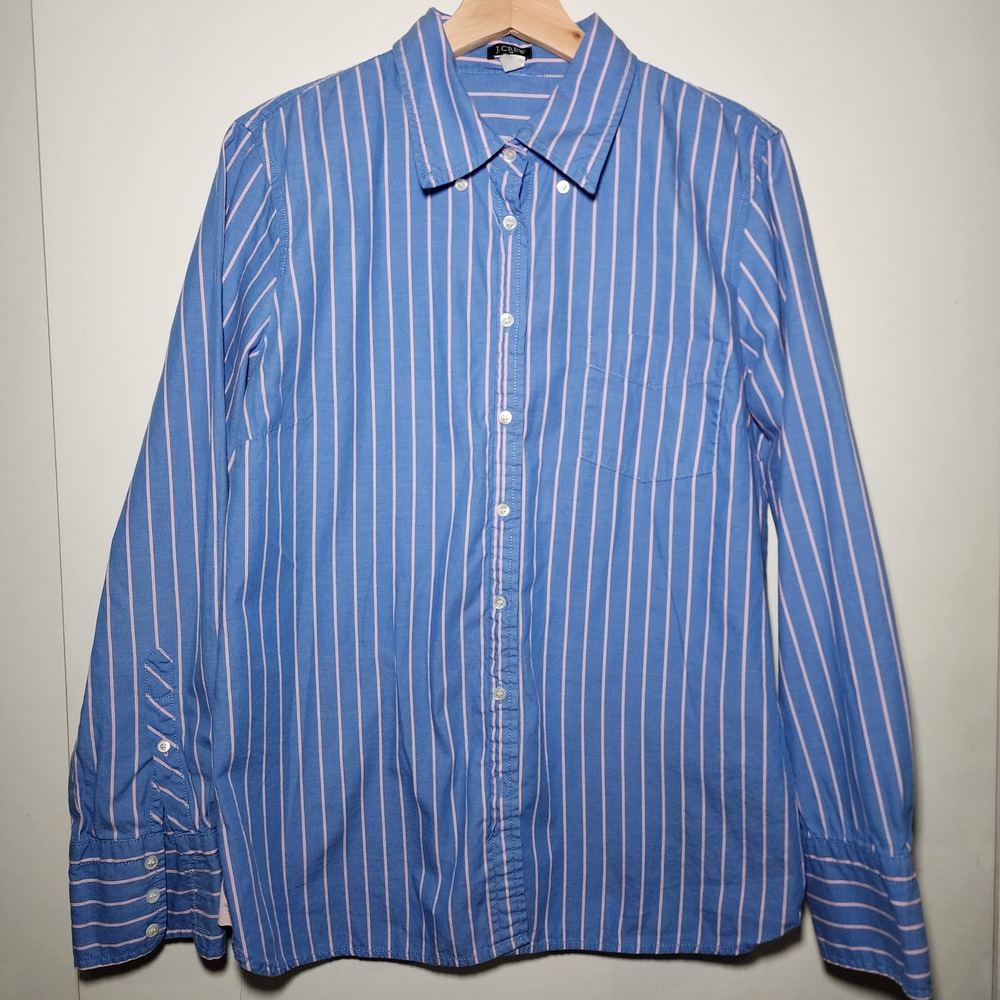 J.Crew Womens Blue Pink Striped Cotton Button Down Shirt Style 77724 Sz L Office